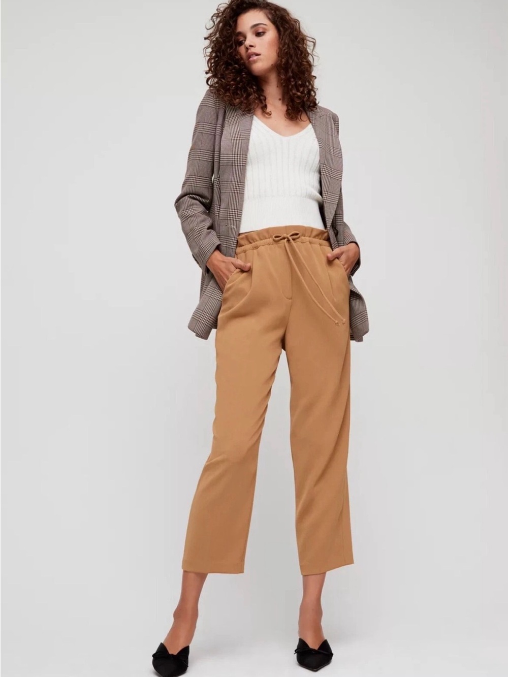 Wilfred Kari Cropped Trousers Pants Khaki Elastic waist + zipper fly size Large